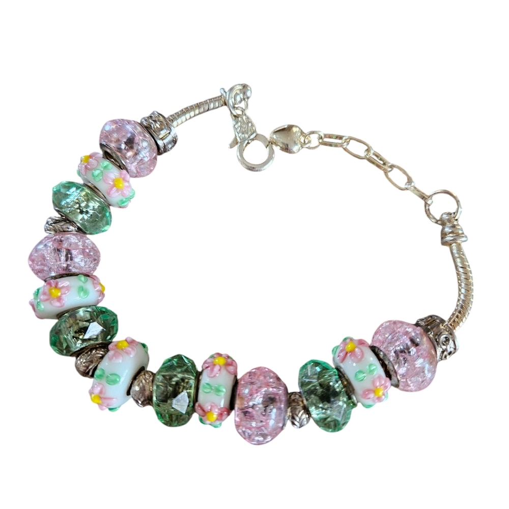 Glass Pink and Green and Wedding Cake Bead Bracelet
